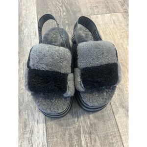 UGG Fluff Yeah Slide Disco Checkered Platform Slippers Black Grey Women's Sz 6